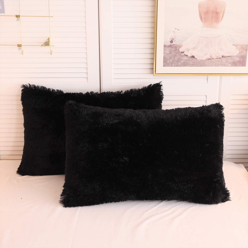 XeGe Faux Fur Throw Pillow Cases Plush Shaggy Ultra Soft Pillow Cover Fluffy Crystal Velvet Decorative Pillowcases Zipper Closure,Set of 2 (Standard, Black) - Image 1